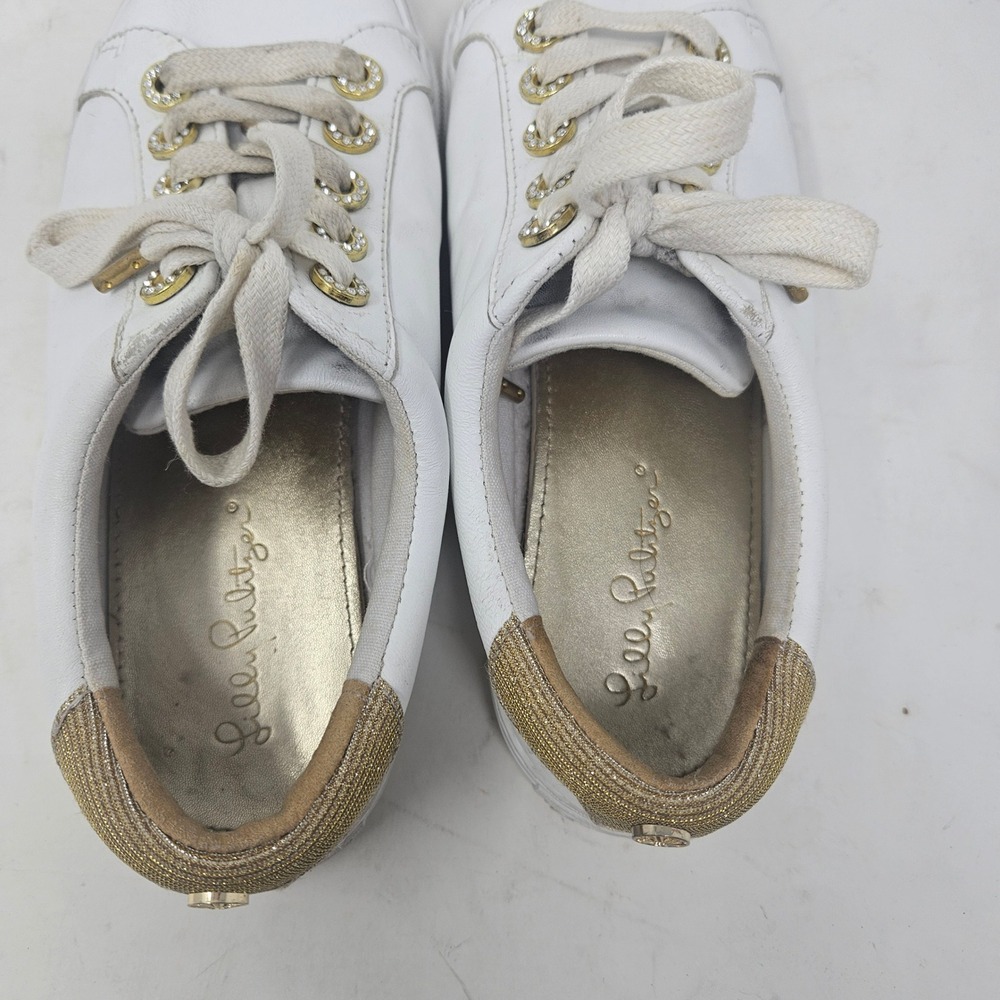 Lilly Pulitzer White Leather Gold Rhinestone Eyelet Low Top Sneakers Womens Sz 7 - Picture 6 of 11